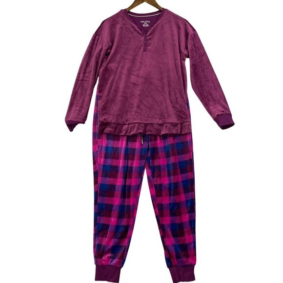 NWOT Nautica Medium Womens Burgundy Henley Pajama Set With Plaid Jogger - Picture 2 of 6